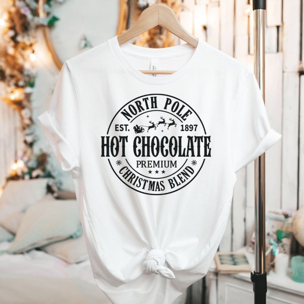 North Pole Hot Cocoa Christmas Graphic T-shirt , Unisex Short Sleeve Graphic Tee